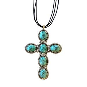 Cross Necklace Turquoise & Silver Color Labeled Genuine Stone Scroll Dillards